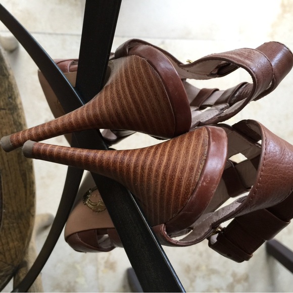 Ellie Tahari Brown Leather Peep Toe Sandals High Heels 9 1/2 - Picture 9 of 12